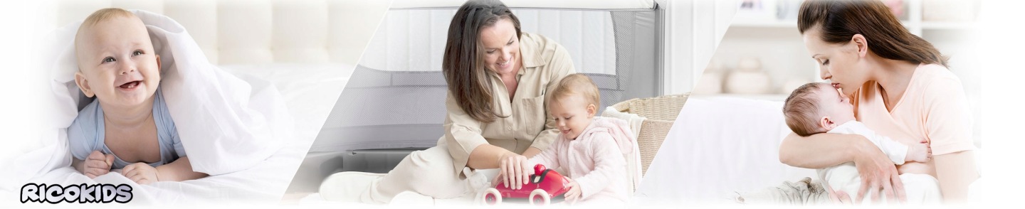 Ricokids ceļojumu gultiņa attēlota dzīvesstila kolāžā ar bērnu un vecākiem gaišā interjerā