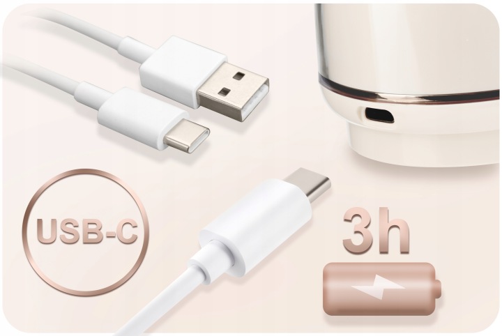 USB-C uzlādes kabelis blakus Nukido laktatora korpusam un baterijas darbības norādei