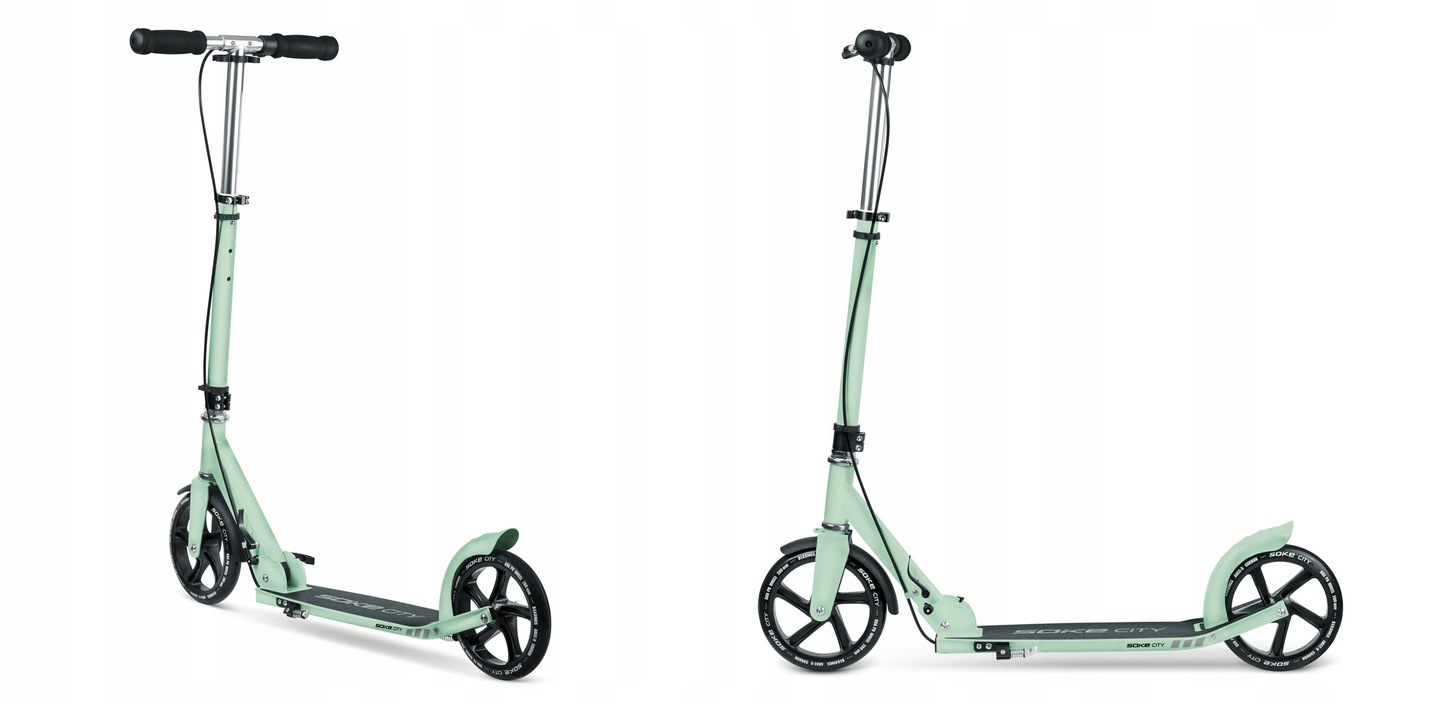 Salocīts un nesalocīts SOKE City Green skrejritenis baltā studijas fonā