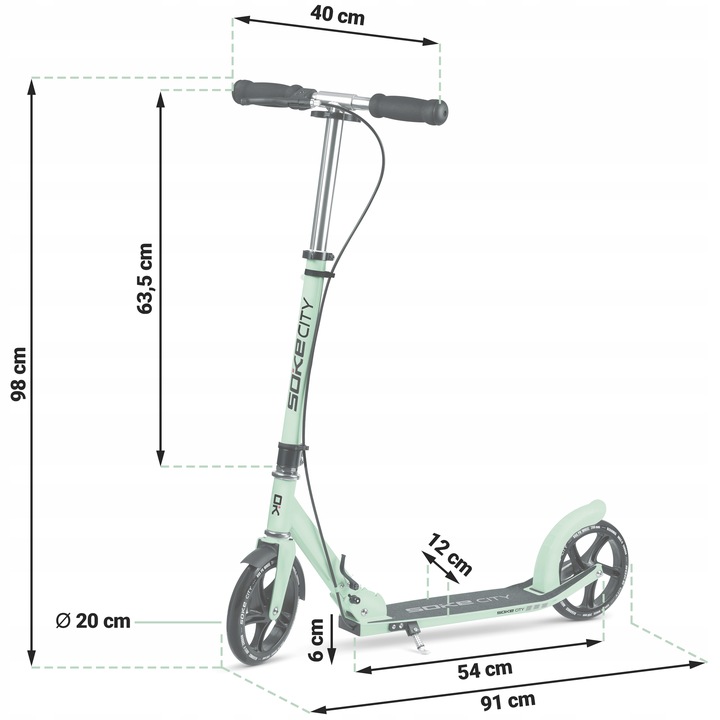 SOKE City skrejriteņa izmēru shēma ar norādītiem 98 cm, 54 cm, 12 cm un 200 mm