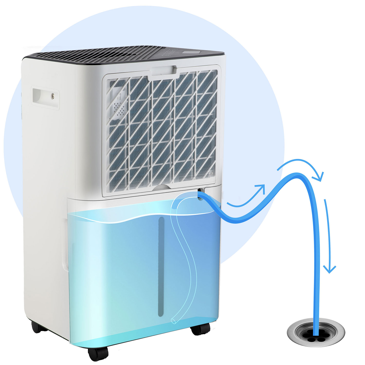 Gaisa sausinātāja aizmugure ar atvērtu filtru un pastāvīgās novades izeju