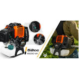 Humberg 52 cm³ trimmera motors ar redzamu 1500 W marķējumu un lietotāja mugurā