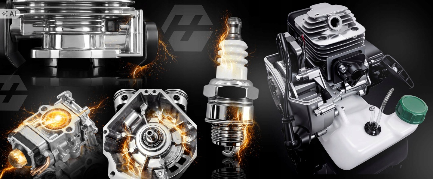 2 taktu trimmera motors un aizdedzes mezgli tehniskā kompozīcijā uz melna fona
