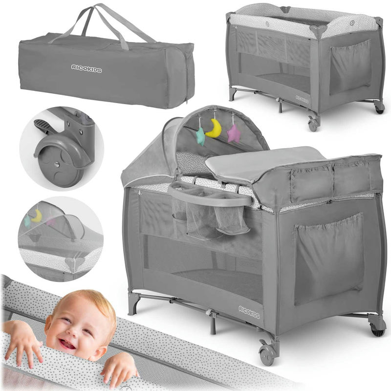 Kolāža ar Ricokids ceļojumu gultiņu, transportēšanas somu, ritenīša detaļu un zīdaini gultiņā