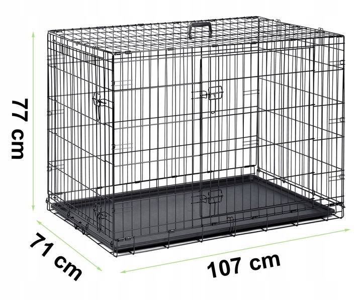 Pethaus PH-202 suņu būra izmēru shēma ar atzīmētiem 107 cm, 71 cm un 77 cm