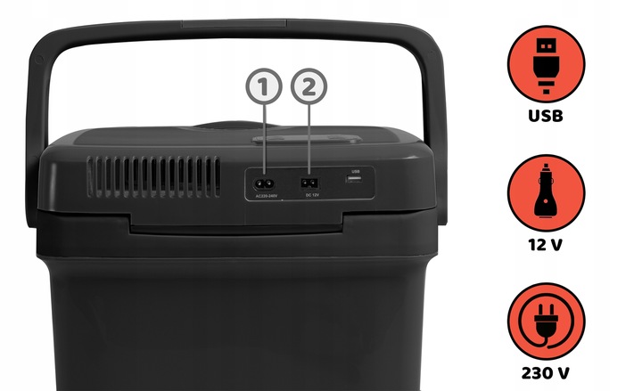 Tūrisma ledusskapja aizmugures panelis ar USB, 12 V un 230 V savienojumiem