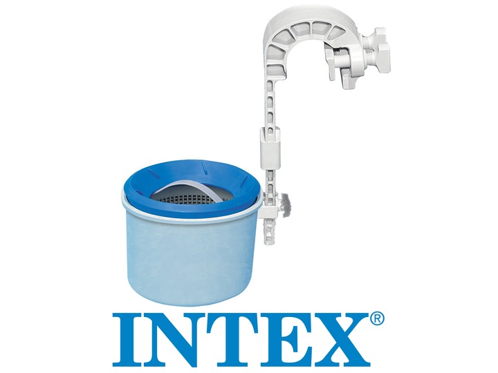 Intex 28000 virsmas skimmeris ar groziņu un stiprinājumu uz balta fona