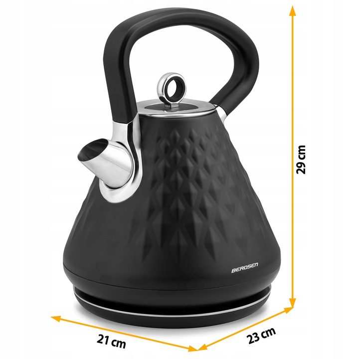 Berdsen BD-700 elektriskais tējkanna ar izmēru atzīmēm 21 cm, 23 cm un 29 cm
