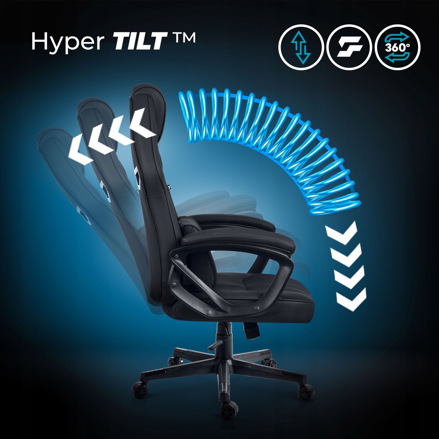 Sofotel Furon gaminga krēsla HyperTILT™ šūpošanās mehānisma ilustrācija sānskatā