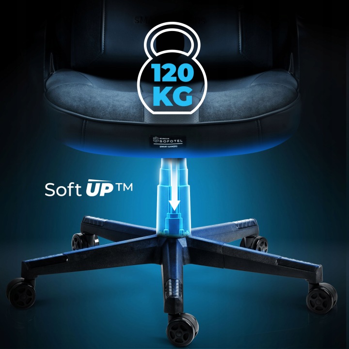 Sofotel Furon krēsla sēdekļa un pamatnes tuvplāns ar norādi uz 120 kg slodzi