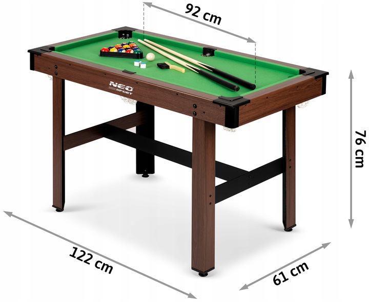 Biljarda galds ar izmēru norādēm 92 cm, 122 cm, 61 cm un 76 cm
