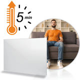 Infrasarkanais apkures panelis pie dīvāna ar 5 minūšu sildīšanas simbolu