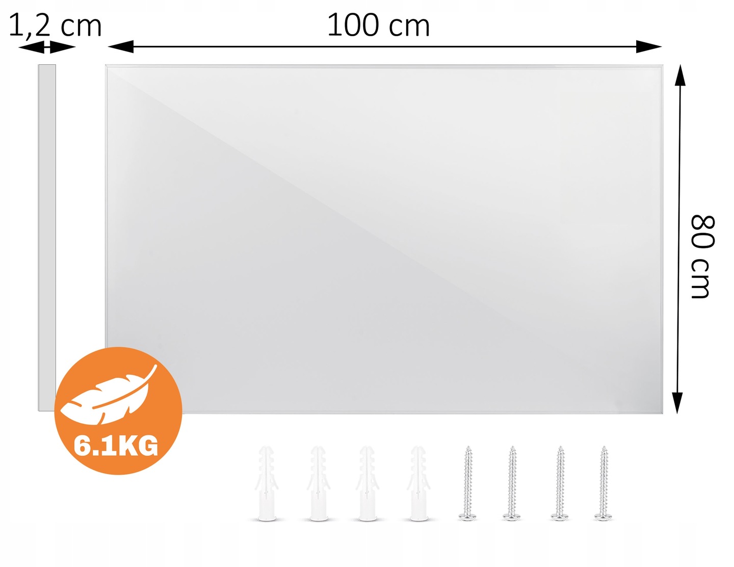 800 W paneļa izmēru shēma ar 100 cm garumu, 80 cm augstumu un 1,2 cm biezumu