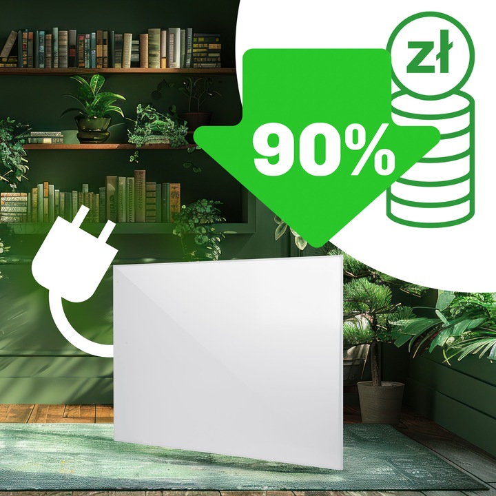 800 W panelis ar 90% enerģijas ietaupījuma norādi un elektrības simbolu