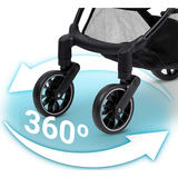 Priekšējo 360° riteņu tuvplāns uz Nukido Paseo pastaigu ratiem