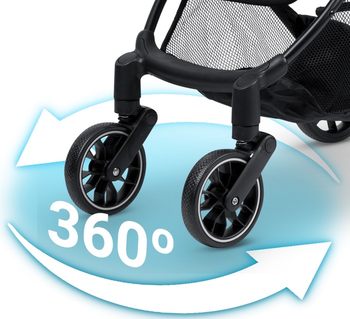 Priekšējie 360° riteņi ar amortizāciju uz Nukido Paseo pastaigu ratiem tuvplānā