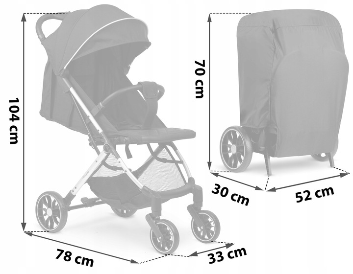 Nukido pastaigu ratu izmēru shēma ar 104 cm, 78 cm, 33 cm, 70 cm, 52 cm un 30 cm atzīmēm