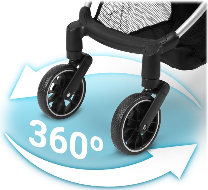 Nukido pastaigu ratu priekšējie riteņi ar 360° pagriezienu un amortizācijas norādi