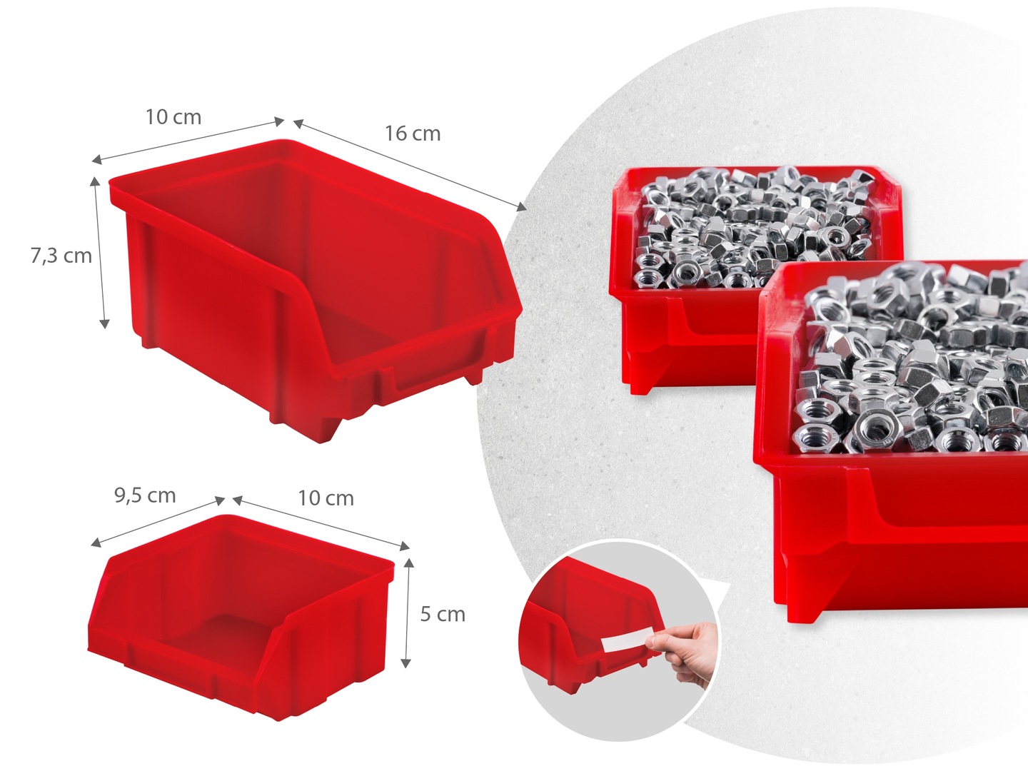 Lielais 16 x 10 x 7,3 cm un mazais 9,5 x 10 x 5 cm plastmasas konteiners ar mēru norādēm