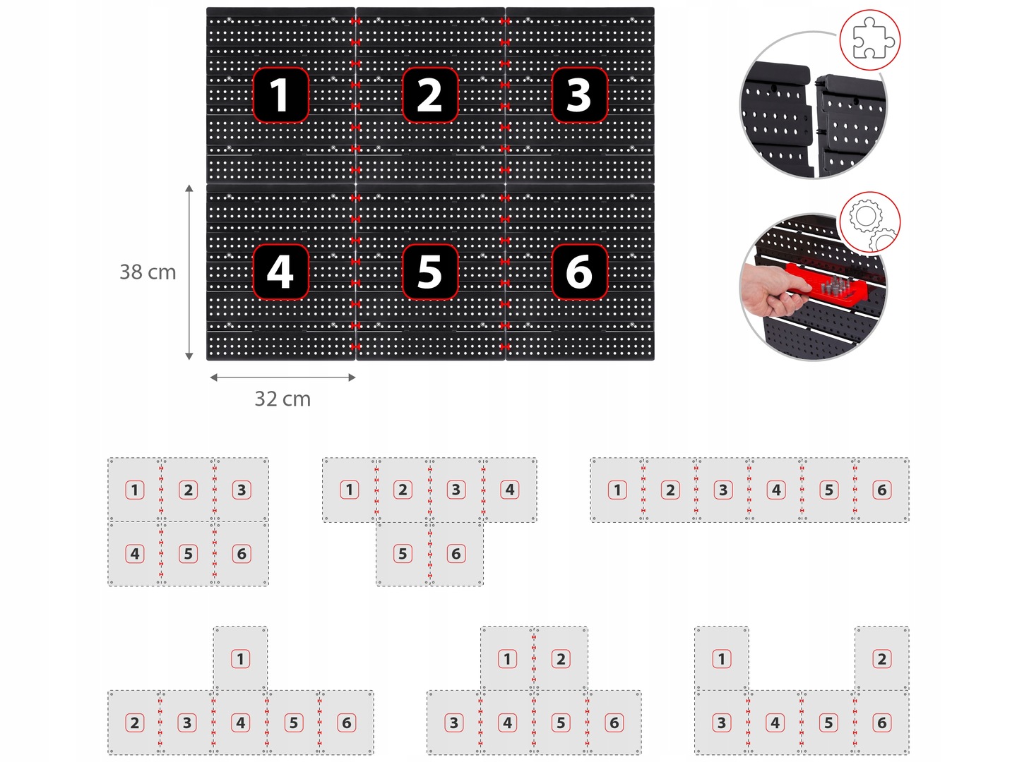 6 moduļu paneļu montāžas shēma ar 38 cm un 32 cm izmēru norādēm