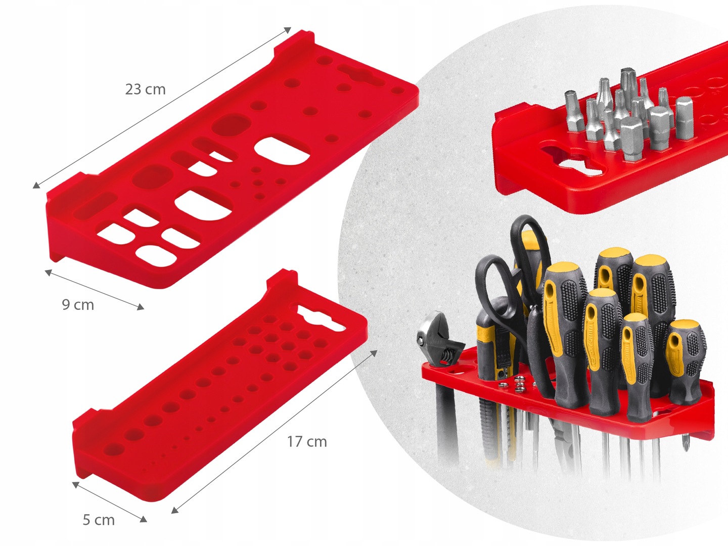 23 cm un 17 cm instrumentu plaukti ar uzgaļiem, skrūvgriežiem un rokas instrumentiem