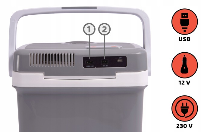 Tūristu ledusskapja aizmugurējā daļa ar 230 V, 12 V un USB pieslēgvietām