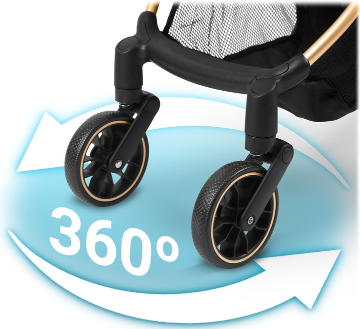 Priekšējie riteņi ar 360 grādu griešanos un amortizāciju uz sporta ratiem