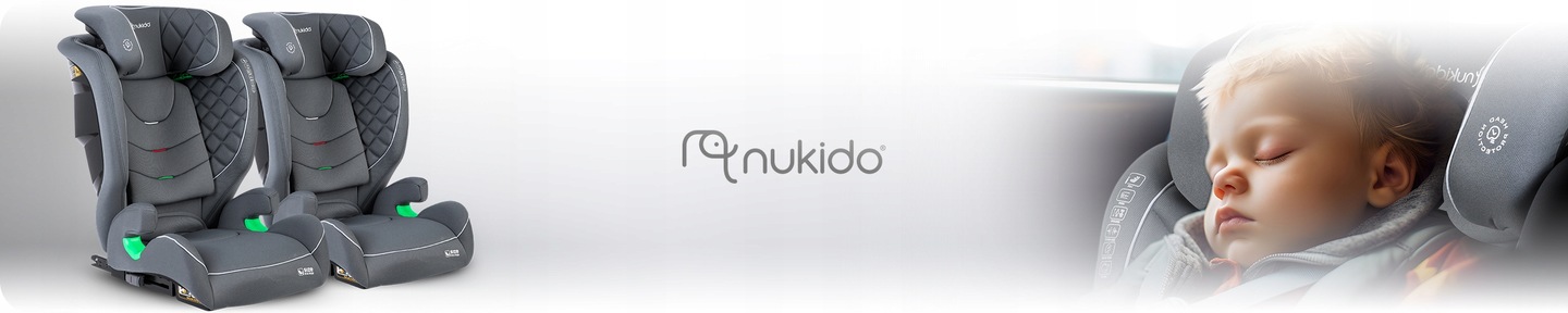 Nukido Louis bērnu auto sēdeklis pelēkā krāsā ar bērnu sānu skatā un zīmola logotipu fonā