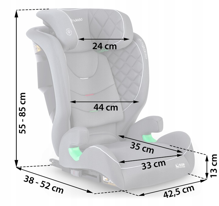 Nukido Louis bērnu auto sēdeklis ar izmēru norādēm 55–85 cm un 42,5 cm platumu