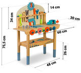 Koka darbnīcas galda izmēru ar 60 cm, 48 cm, 34 cm, 26 cm un 14 cm atzīmēm