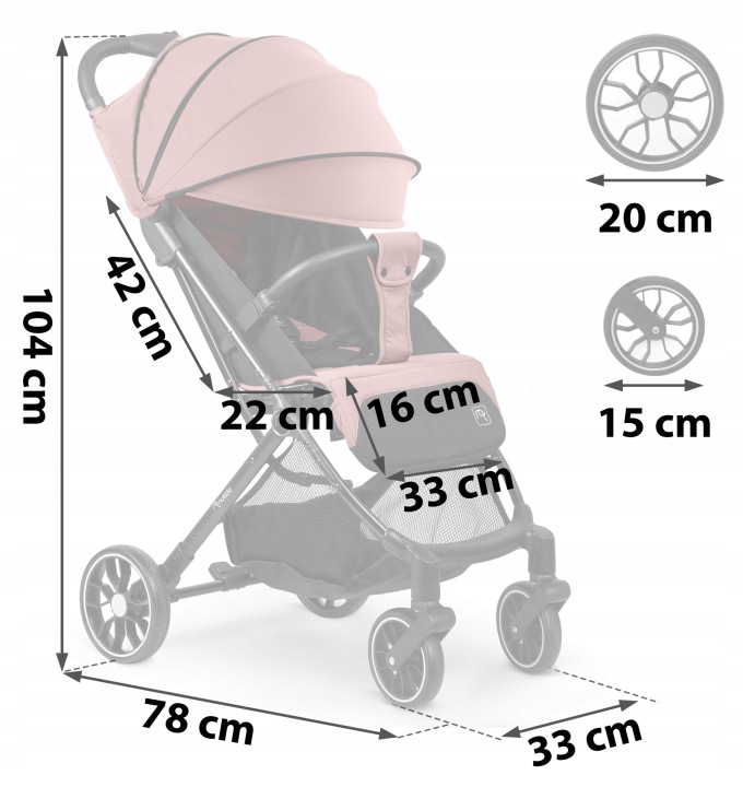 Nukido Paseo izmēru shēma ar salocītu un atvērtu ratiņu izmēriem centimetros