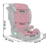 Bērnu sēdekļa izmēru diagramma ar 24 cm, 44 cm, 35 cm un 33 cm norādēm