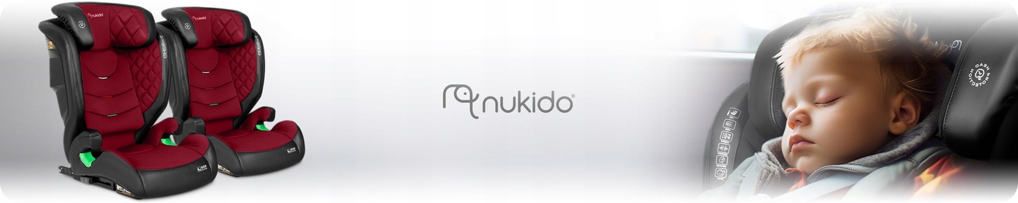 Nukido Louis bērnu automašīnas sēdeklis melni sarkanā krāsā ar bērnu salonā un zīmola logotipu