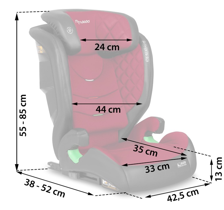 Bērnu automašīnas sēdekļa izmēru shēma ar augstumu un platumu centimetros