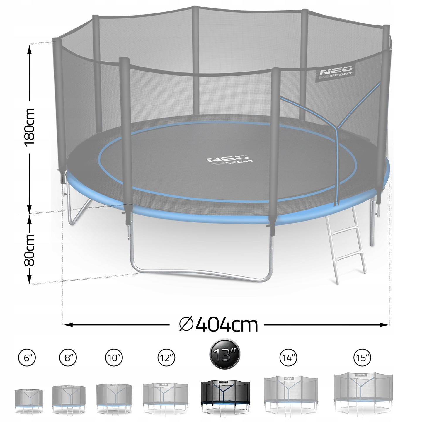Batuta sānskats ar 180 cm tīkla augstumu, 80 cm rāmi un 404 cm diametru