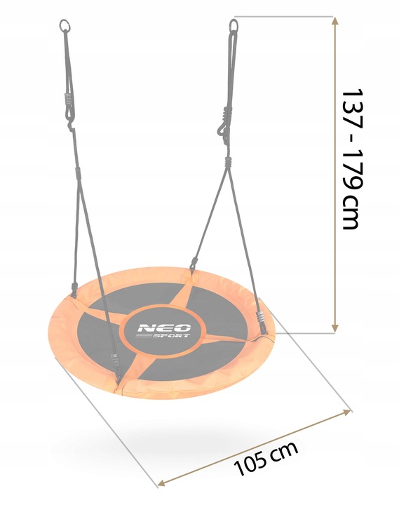 Neo-Sport Swingo šūpoļu izmēru shēma ar 105 cm platumu un 137–179 cm piekares augstumu