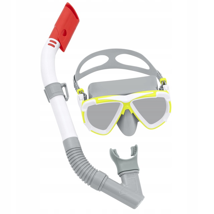 Snorkelēšanas maska un caurulīte ar pelēkiem, baltiem un sarkaniem elementiem uz balta fona