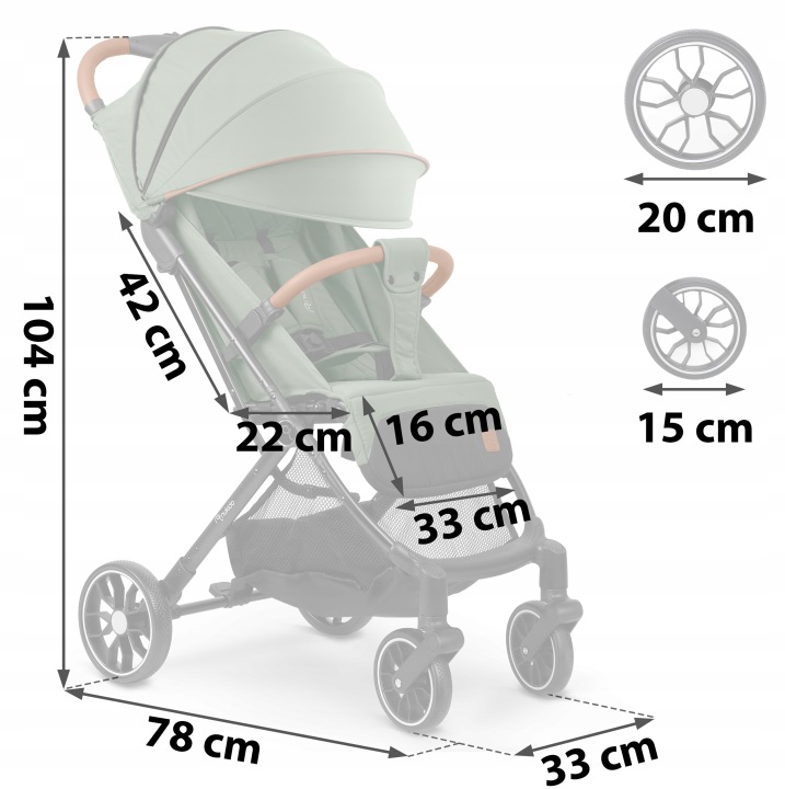 Nukido pastaigu ratu izmēru shēma ar augstumu 104 cm, platumu 78 cm un salocītu izmēru 70 x 52 x 30 cm