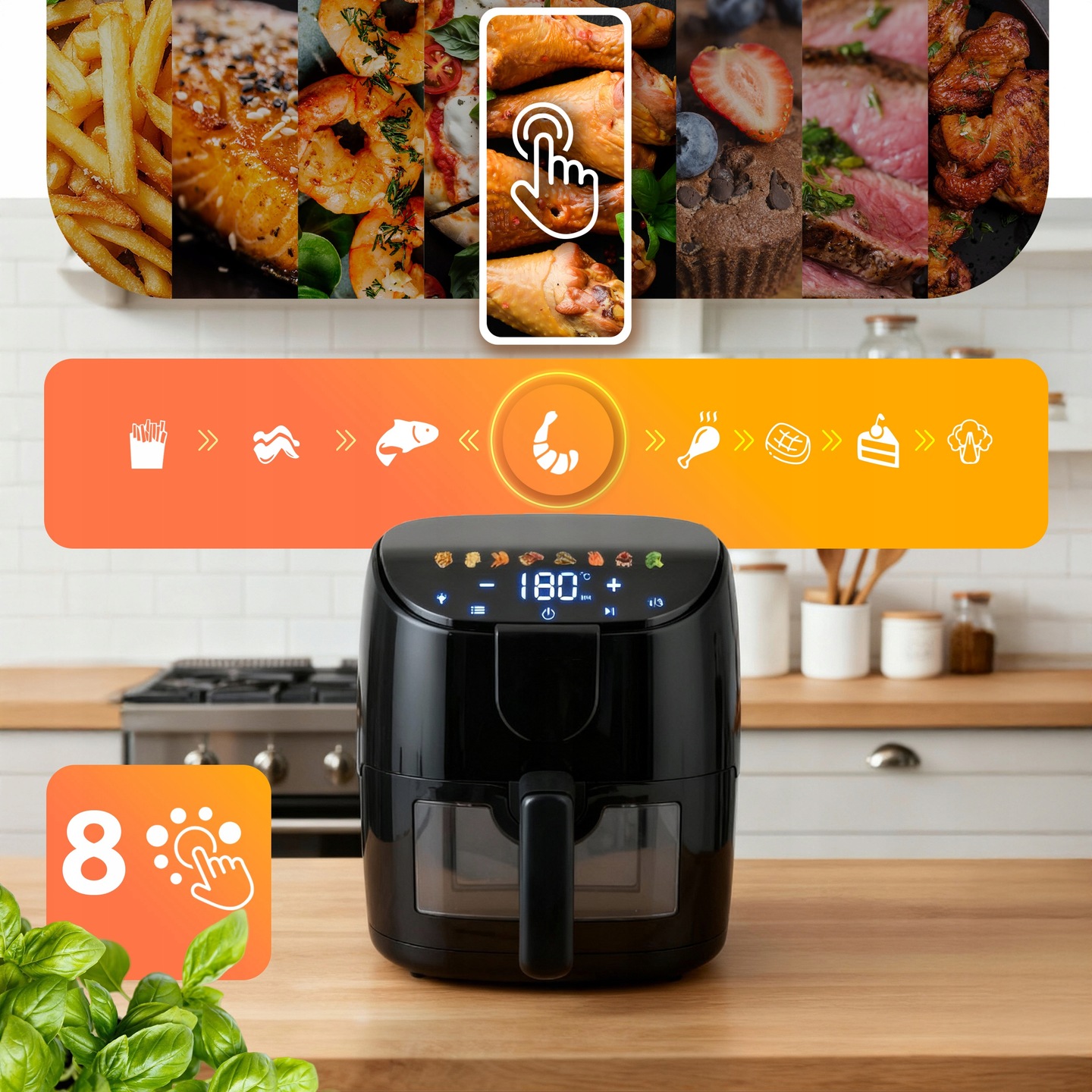 Beztauku fritieris ar 8 programmu ikonām uz skārienpaneļa