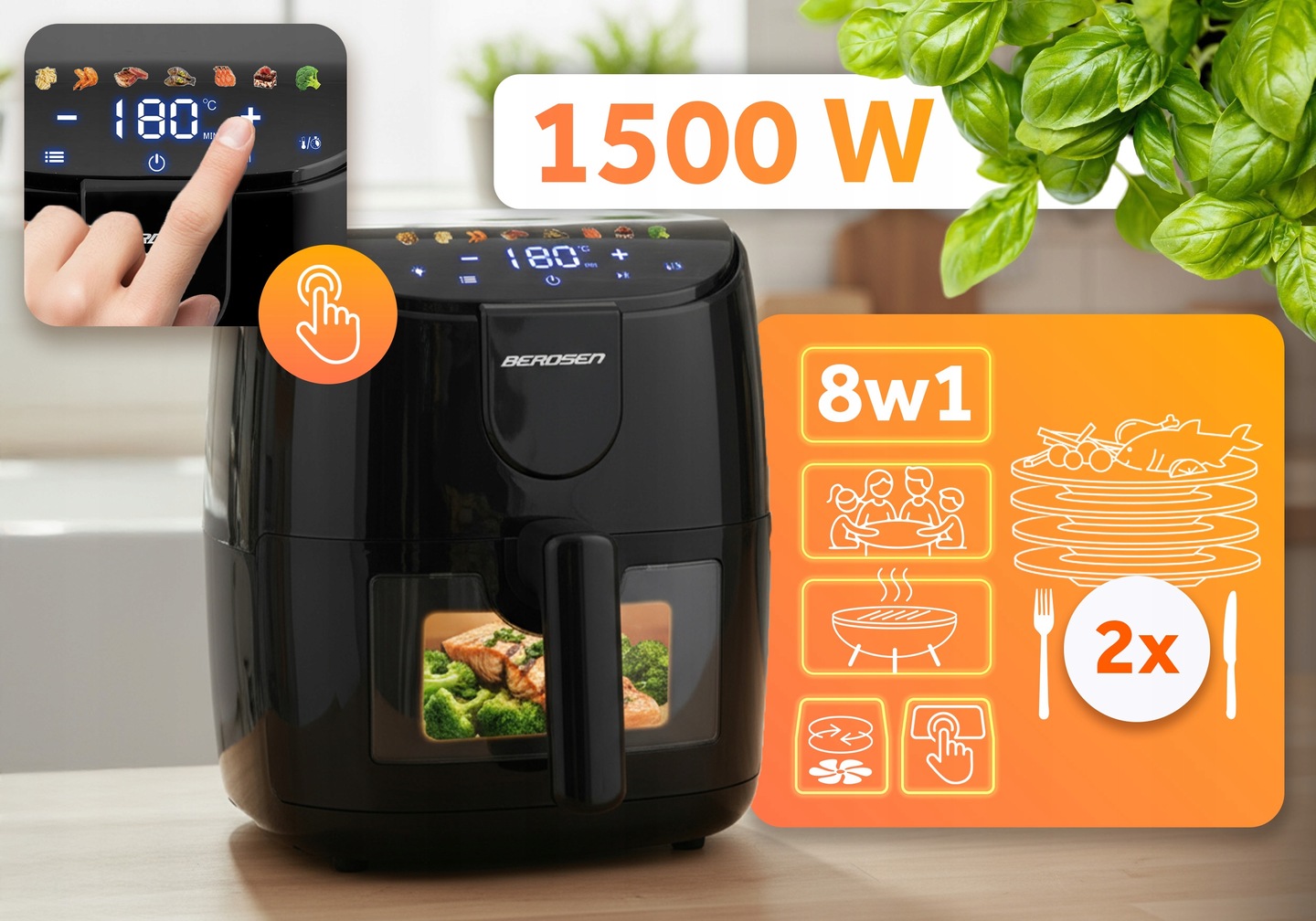 Beztauku fritieris ar LED izgaismojumu un vadības ikonām uz priekšējā paneļa