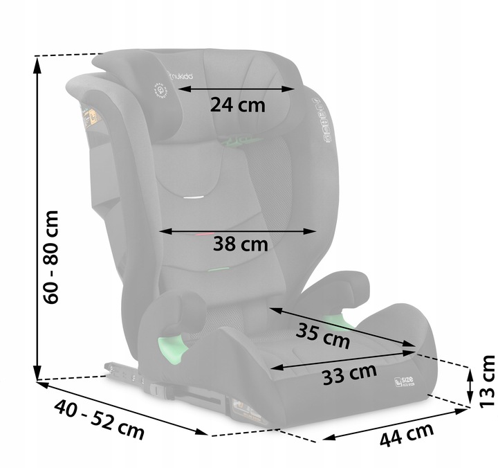 Bērnu autokrēsla izmēru shēma ar augstuma un platuma mēriem centimetros