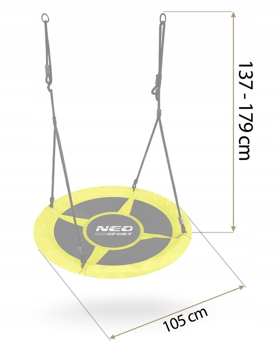 Neo-Sport ligzdas šūpoles uz balta fona ar norādītiem izmēriem 105 cm un 137–179 cm