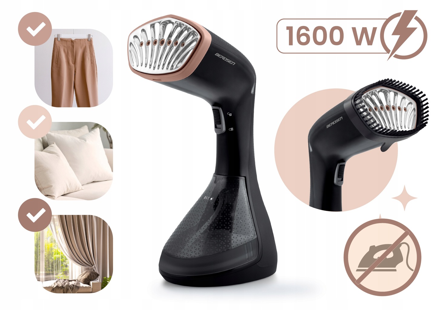 Berdsen BD-311 apģērbu tvaicētājs ar 1600 W marķējumu un redzamu birstes uzgali
