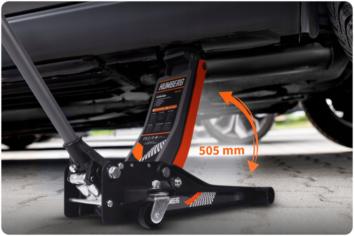 Humberg HM-381 auto pacēlājs zem automobiļa ar pacelšanas augstuma atzīmi 505 mm
