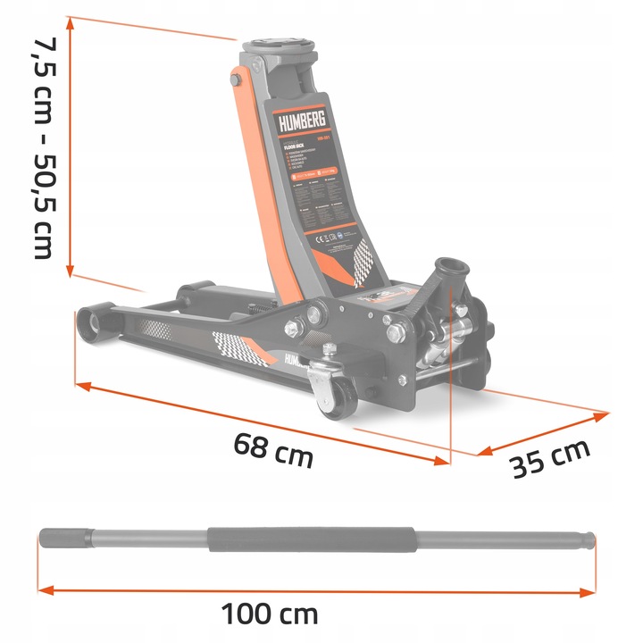 Humberg HM-381 tehnisko izmēru ar 68 cm garumu, 35 cm platumu un 100 cm rokturi