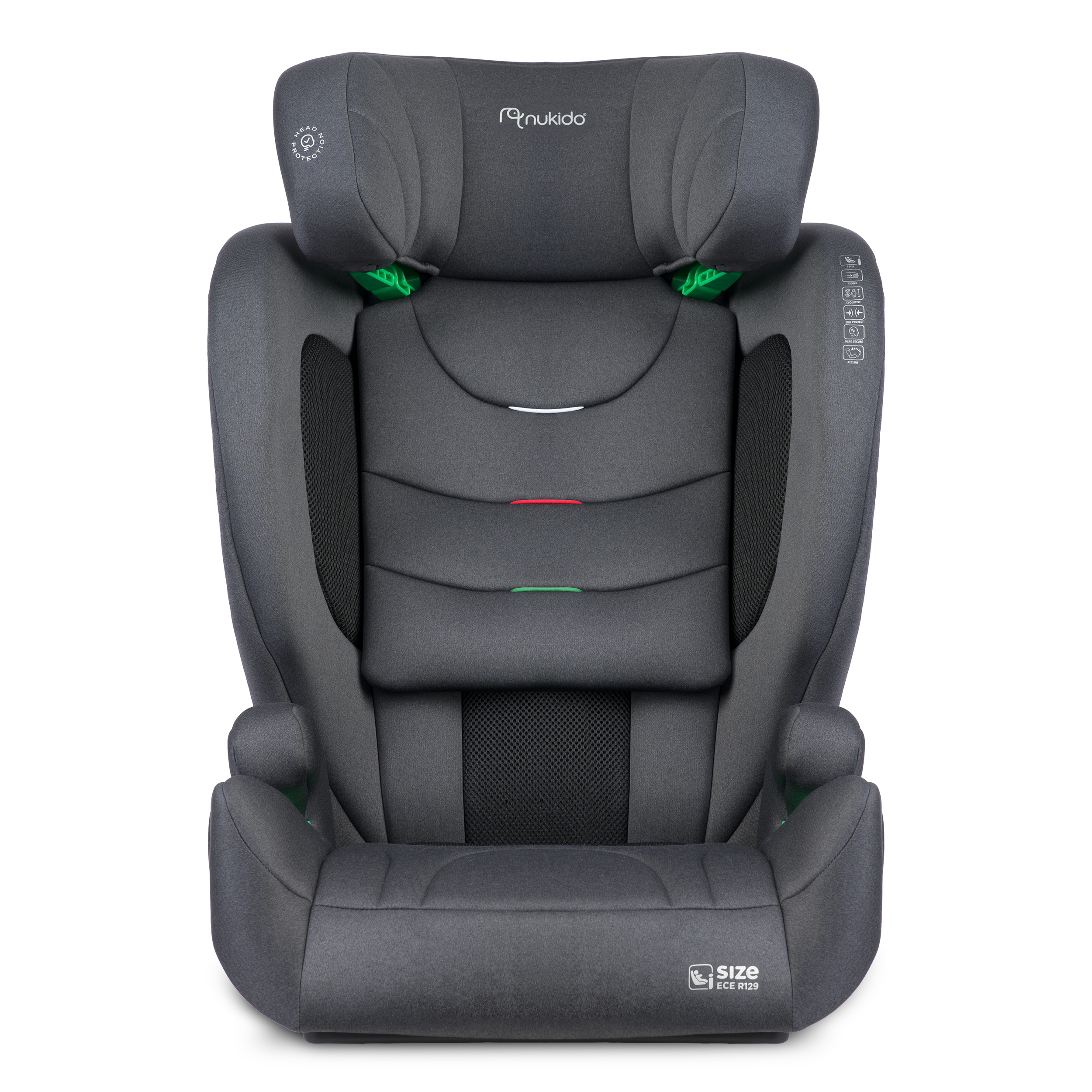 Bērnu auto sēdeklis Nukido Louis Soft frontāls skats ar galvas balstu un sēdvietu
