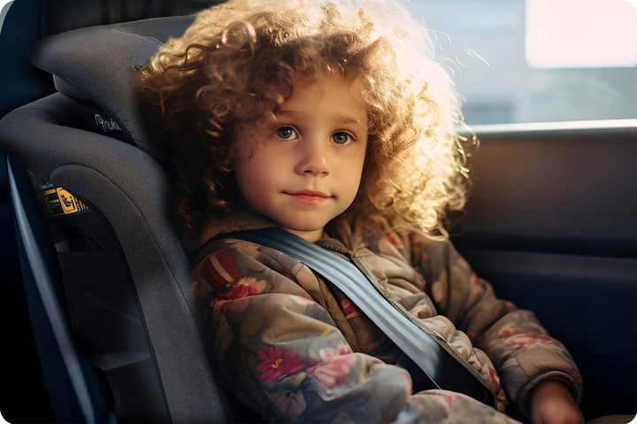 Bērns sēž Nukido Louis Soft bērnu auto sēdeklī automašīnas salonā