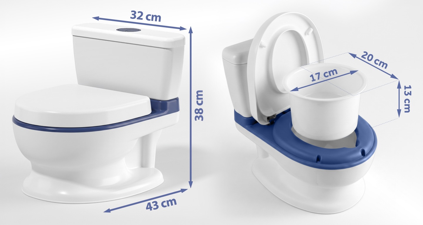 Ricokids RK-290 bērnu poda izmēri 32 cm, 38 cm un 43 cm ilustrēti uz sānskata