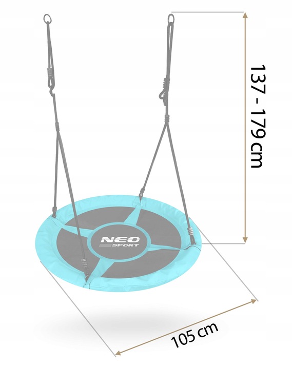 Šūpoles-grozs ar izmēru shēmu, kur norādīts 105 cm diametrs un 179 cm piekares garums