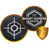 Krēsla detaļu ikonas un emblēmas uz melna fona ar Smart Gamers logotipu